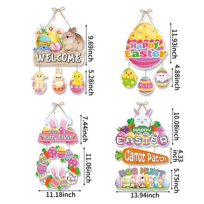 Easter Egg-Bunny Home Front-Door Hanger-Decor - 4pcs Pastel Rainbow Birthday Paper Signs Banners, Happy Easter Spring Wall Hanging Indoor Decorations Lasting Surprise