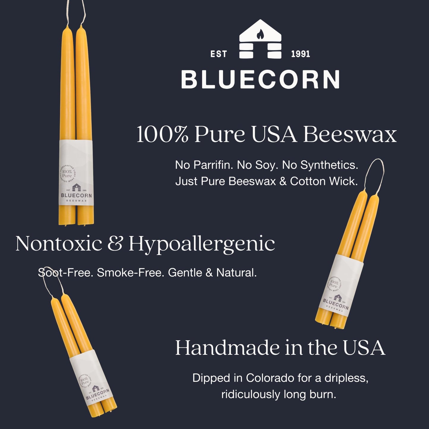 Bluecorn Beeswax Taper Candles, 100% Pure Natural Bees Wax, Pair of 12 Inch Yellow Tapered Candlesticks, Clean Burning & Dripless, Fragrance Free, Long Lasting, Home Decor, American Made, 1 Count