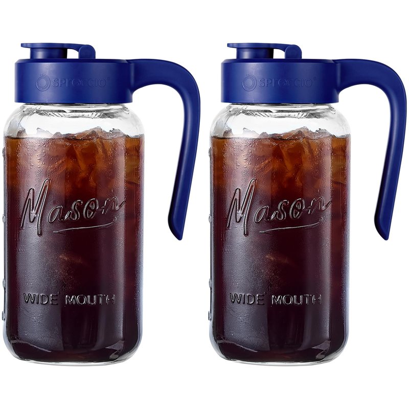 Spreccio Mason Jar Pitcher - Airtight & Leakproof Glass Pitcher with Lid[set of 2], Perfect for Breastmilk, Cold Brew, and Sun Tea, 2 Quart (64 oz) Mason Jar with Pour Spout Lid