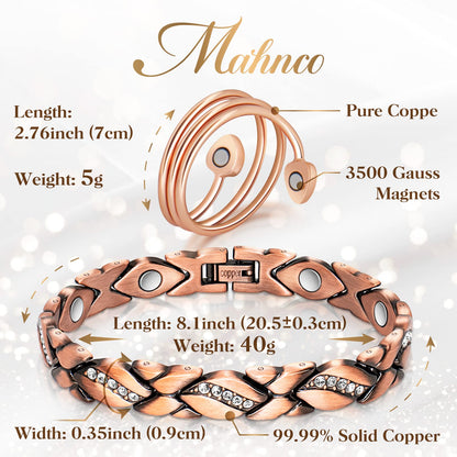 Copper Bracelets for Women, Magnetic Bracelets for Women & Heart-Shaped Lymphatic Drainage Ring with 3500 Gauss Magnet Classic Crystal Design Jewelry Gift