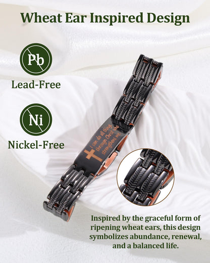 Fashtour Copper Cross Bracelet for Men, Ultra Strength Magnetic Jewelry, Rice-Ear Design Adjustable Copper Biblical Cross Bracelet with Sizing Tool & Box (Black-Philip 4:13)