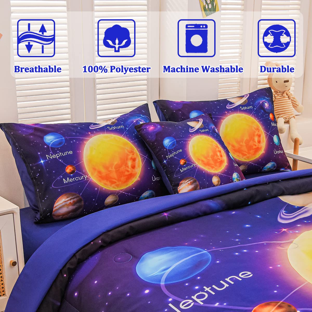 Tasselily Twin Size Comforter Sets for Boys, Space Bedding Set Twin Bed in a Bag, 6 Pcs Universe Planet Galaxy Comforter Set with Sheets