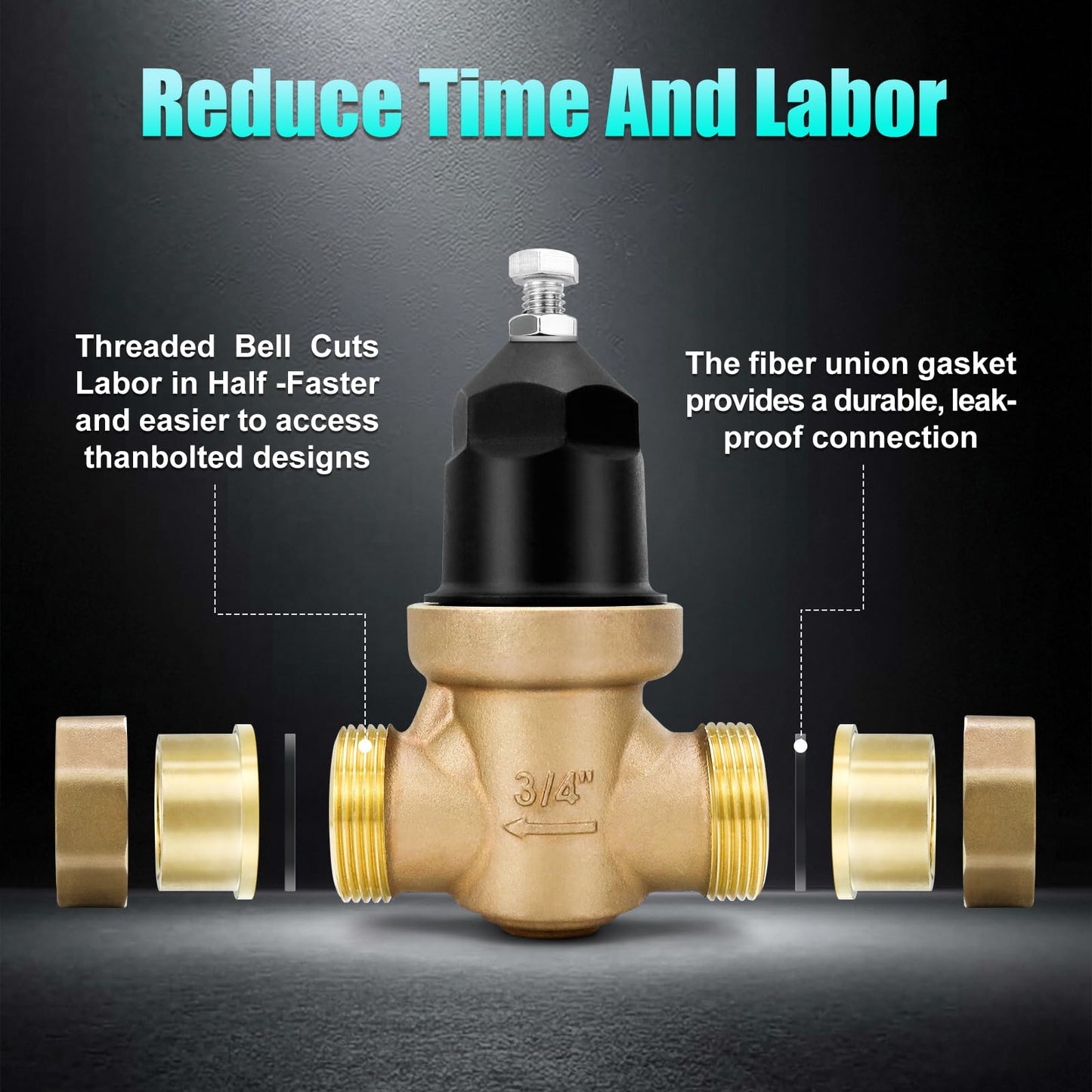 NR3XLDU 3/4" Brass Pressure Reducing Valve With Double Union FNPT Connection, Built-In Stainless Steel Filter, Primarily Used In Residential Settings And Public Entrances