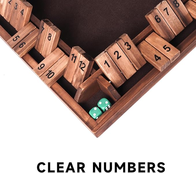 GSE Games &amp Sports Expert 1-4 Player Wooden Shut The Box Board Game with 8 Dice. 4-Way 12 Numbers Shut The Box Dice Set of Popular English Pub Board Game - Walnut