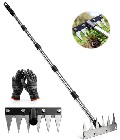 Joysuga Weed Rake Tool Iron Weed Puller with 71" Adjustable Long Handle, 6 Teeth Garden Weed Remover Tool Heavy Duty Manual Weed Puller with Gloves for Yard, Lawn, Garden