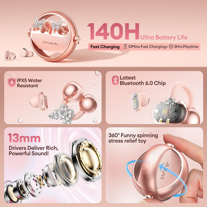 PAXA 3 in 1 Ctbuds Stylish Jewelry-Style Clip on Open Ear Headphones Wireless Earbuds, Instant Earring Mode, Ultra-Long 140H Play, Bluetooth 6.0, All-Day Wear for Work Fitness Daily Use, Rose Gold