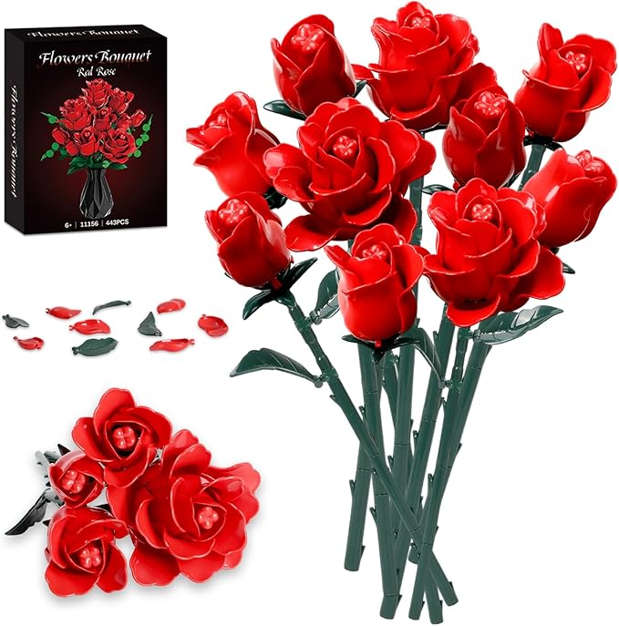 Red Rose Flower Bouquet Building Set Botanical Collection Kit Artificial Fake Flowers Blocks Home Table Decor Aesthetic for Valentine's Day Birthday DIY Craft Floral Gift Without Vase