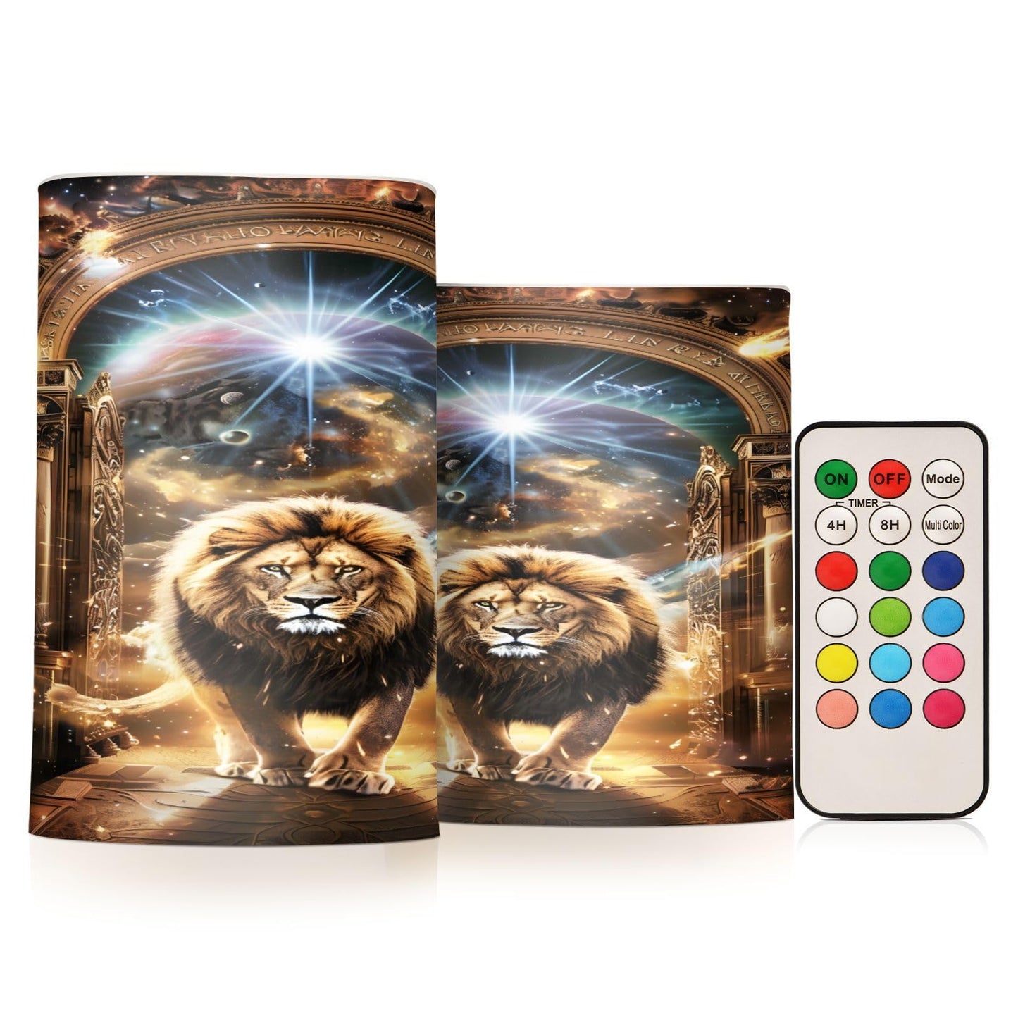 ALAZA Magic Animal Lion Starry Space Flickering Flameless Candles Pillar Led Candles Battery Operated Candles with Remote and Timers Set of 2