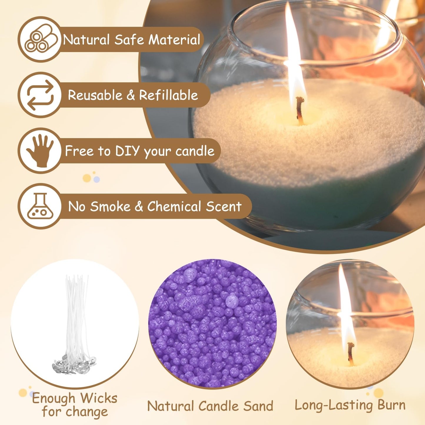 MECCANIXITY Pearled Sand Candles with 20 Pcs Wicks 7Oz / 200g Candle Beads Refillable Powder Sand Wax Making Kit for Thanksgiving Christmas Wedding Party DIY Home Crafts, Purple
