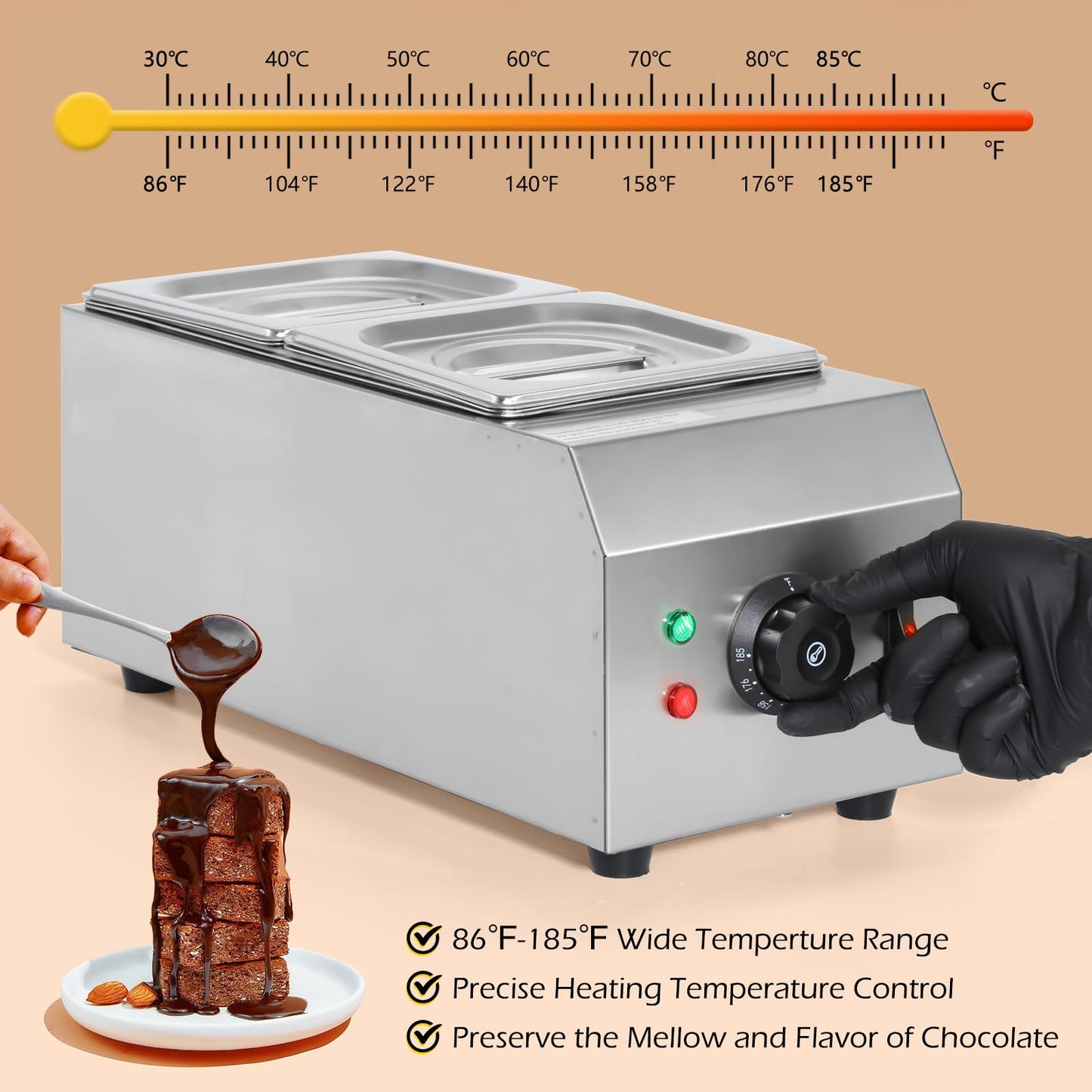 Dyna-Living Chocolate Melting Pot 2-Tanks Commercial Chocolate Tempering Machine Chocolate Tempering Pot 1000W Electric Chocolate Melter Pot Chocolate Warmer for Milk Coffee Cheese