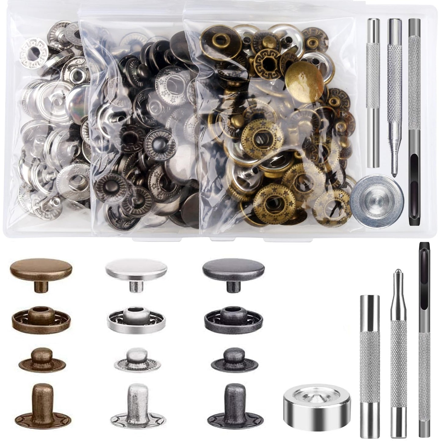 45 Set Leather Snap Fasteners Kit, 15mm Stainless Steel Leather Snaps Kit with 4 Install Tools, 3 Color Snaps for Clothes, Jacket, Down Jeans Wears, Bracelets, Bag, DIY Crafts