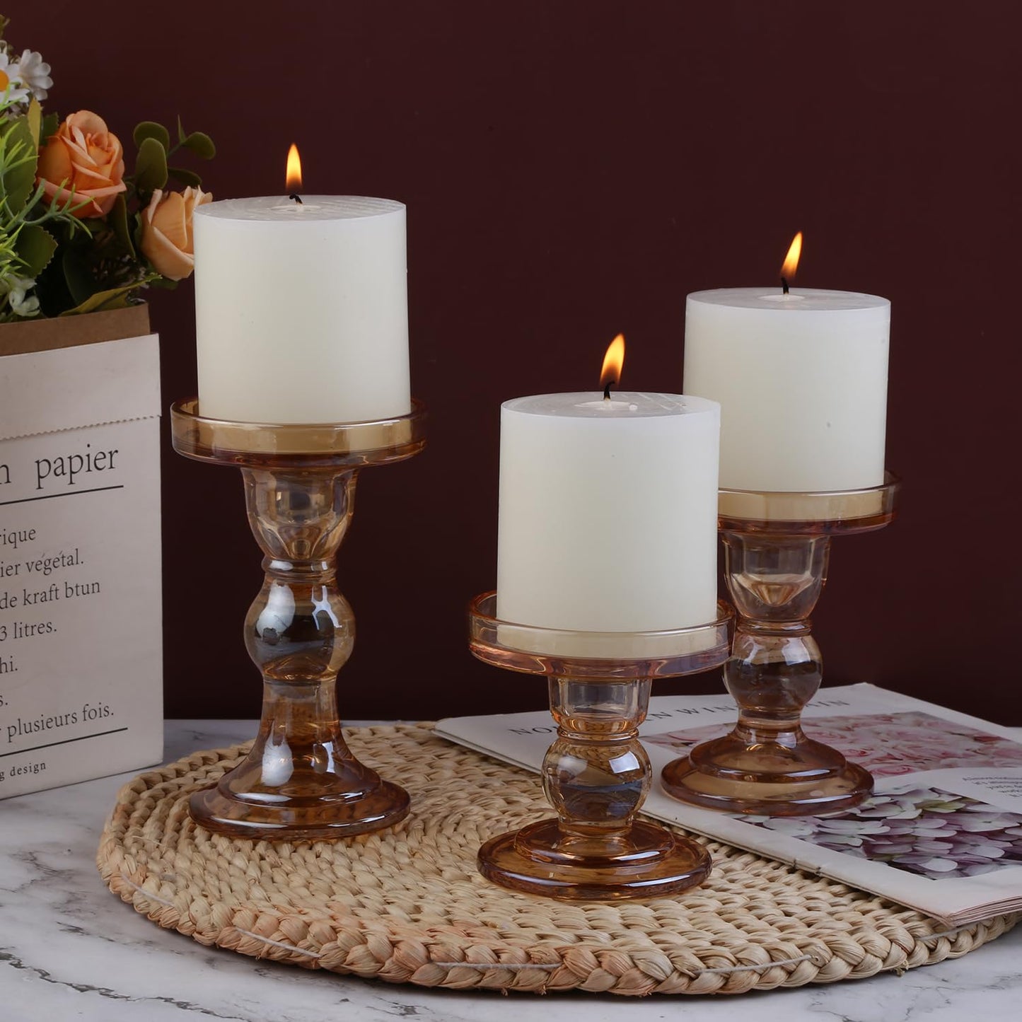 BTGLLAS 3-Piece Set of Amber Glass Candlestick, Crystal Candlestick Holder Holder and Conical Candle, Christmas Candle Holder Decoration, Family Living Room Wedding Candle Holder (Amber)