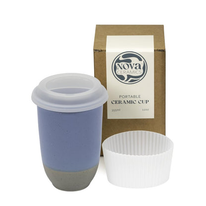 NOVA CERAMICS Travel Mug - Ceramic Coffee Mug With Lid – Microwave & Dishwasher Safe Coffee White & Grey Tumbler - Fits In Cup Holder – 12oz – Coastal Drift
