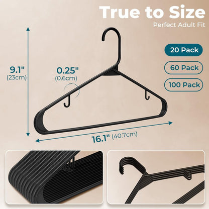 HOUSE DAY Plastic Hangers 20 Pack, Space Saving Clothes Hangers with Built-in Hooks, Durable & Strong Closet Organizers and Storage, Dorm Room Essential, Perfect for Shirts, Coat, Pants, Dress - Black