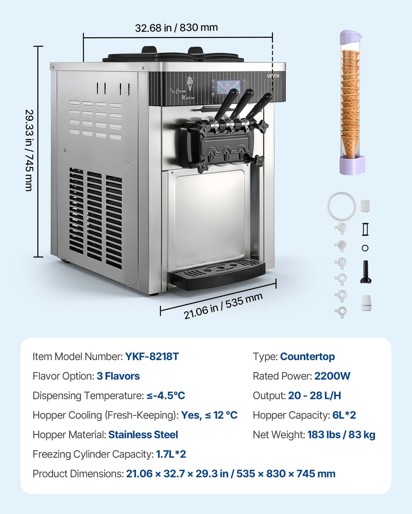 VEVOR Commercial Ice Cream Machine, 20-28L/H Yield, 2200W 3-Flavor Countertop Soft Serve Ice Cream Maker with 2 x 6L Hoppers & Hopper Agitation, Pre-Cooling Self-Cleaning for Snack Dessert Shops