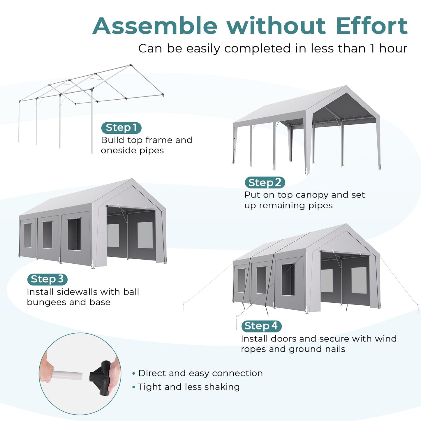 Carport 10x20 ft Heavy Duty, Car Port with Reinforced Steel Frame and 6 Roll-up Windows, Portable Garage with Sturdy Ground Nails, Waterproof All-Season Car Canopy for Boat, Truck, Grey
