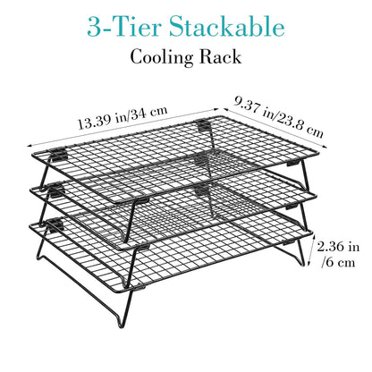 Kifmurase 3PCS Stackable Cooling Rack for Baking, 13.3 x 9.3 Inch Carbon Steel Wire Rack with Folding Legs for Cookie Cake Pizza Jerky, Multi-Use Bread Oven Racks for Cooking Roasting Drying Grilling