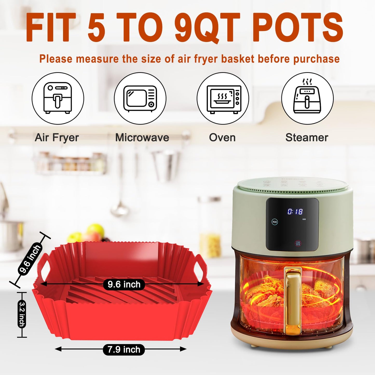 Air Fryer Silicone Liners Square 2 Pack 7.1 Inch Airfryer Liners 4-7 QT Reusable Air Fryer Liners Silicone Pot Oven Liner Baking Tray, Air Fryer Basket Silicone Mat Bowl Air Fryer Accessories Kitchen