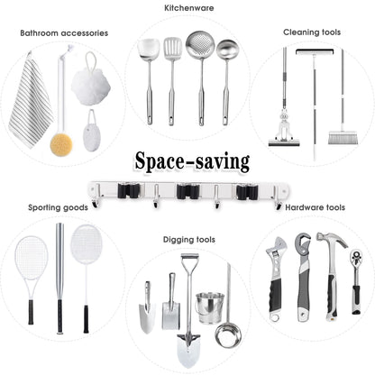 AceMining 5 Racks and 4 Hooks Mop and Broom Holder Wall Mount, Broom Organizer Storage Tool Racks Stainless Steel Heavy Duty Hooks Self Adhesive Solid Non-slip for Home Kitchen Garden Laundry Garage