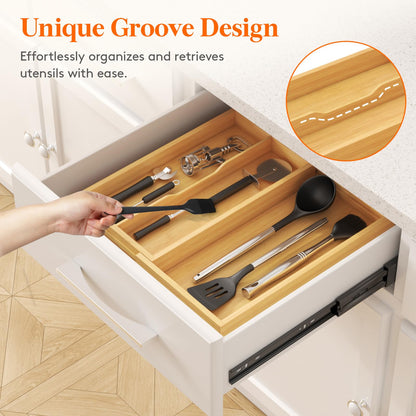 Lifewit Utensil Organizer for Kitchen Drawer, Expandable 13 to 22.4 Inches Wide, Adjustable Cooking Silverware Tray, Bamboo Cutlery Flatware Holder, Spatula Tools and Gadgets Storage Divider, Natural