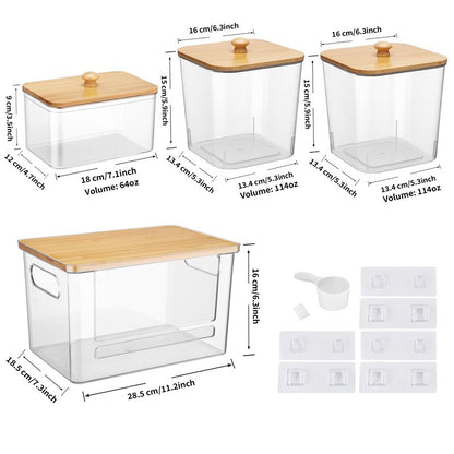 ALOCEO 4 Pcs Extra Large Trash Bag Dispenser & Laundry Containers, Wall Mounted Clear Laundry Pods Container Dryer Sheet Holder with Lids for Laundry Room Organization and Storage