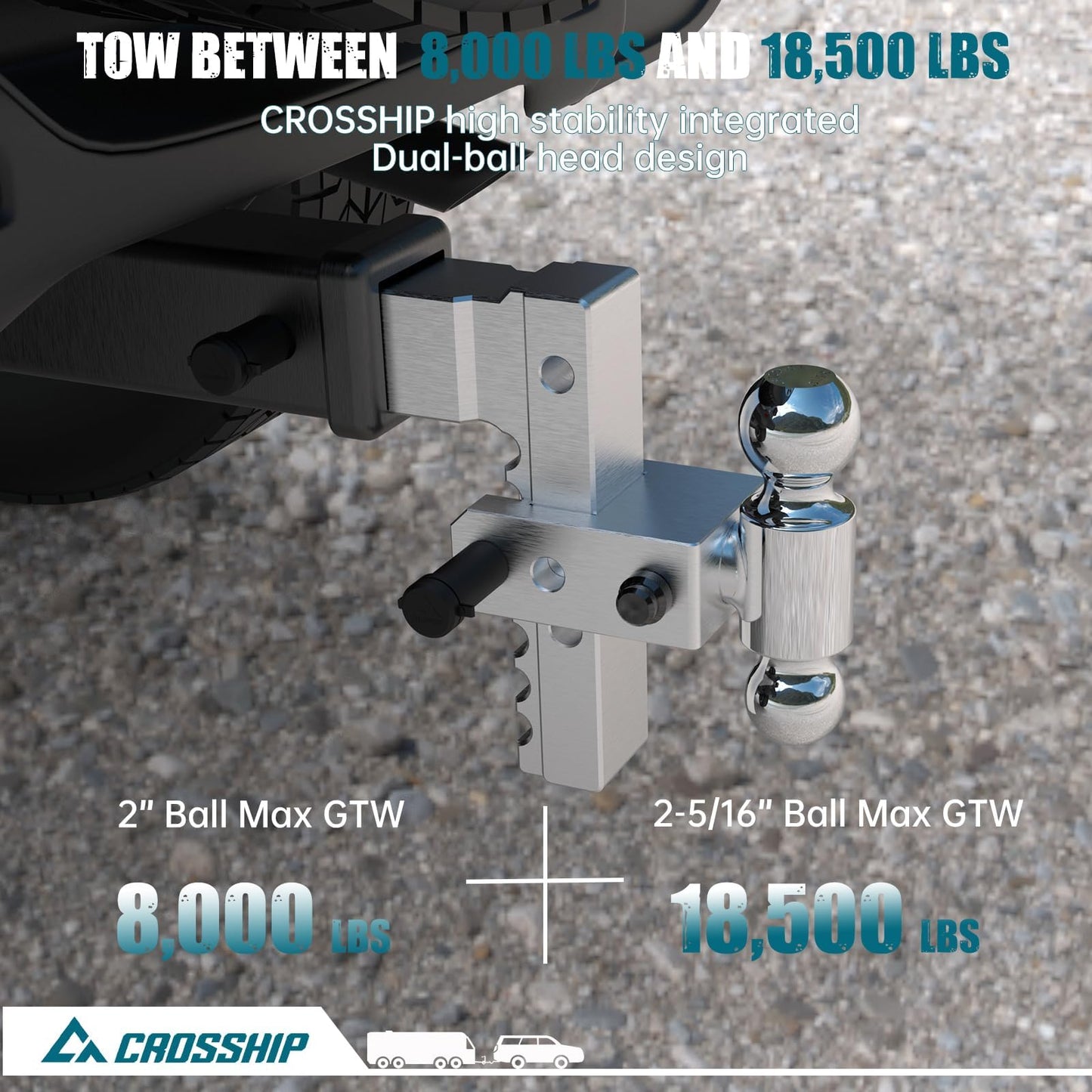 CROSSHIP Adjustable Trailer Hitch - Heavy Duty Aluminum Drop Drawbar Hitch - Fits 2.5" Receiver, 8" Drop/Rise with 2" & 2-5/16" Solid Dual Balls 18,500 LBS GTW- for Truck, SUV, RV