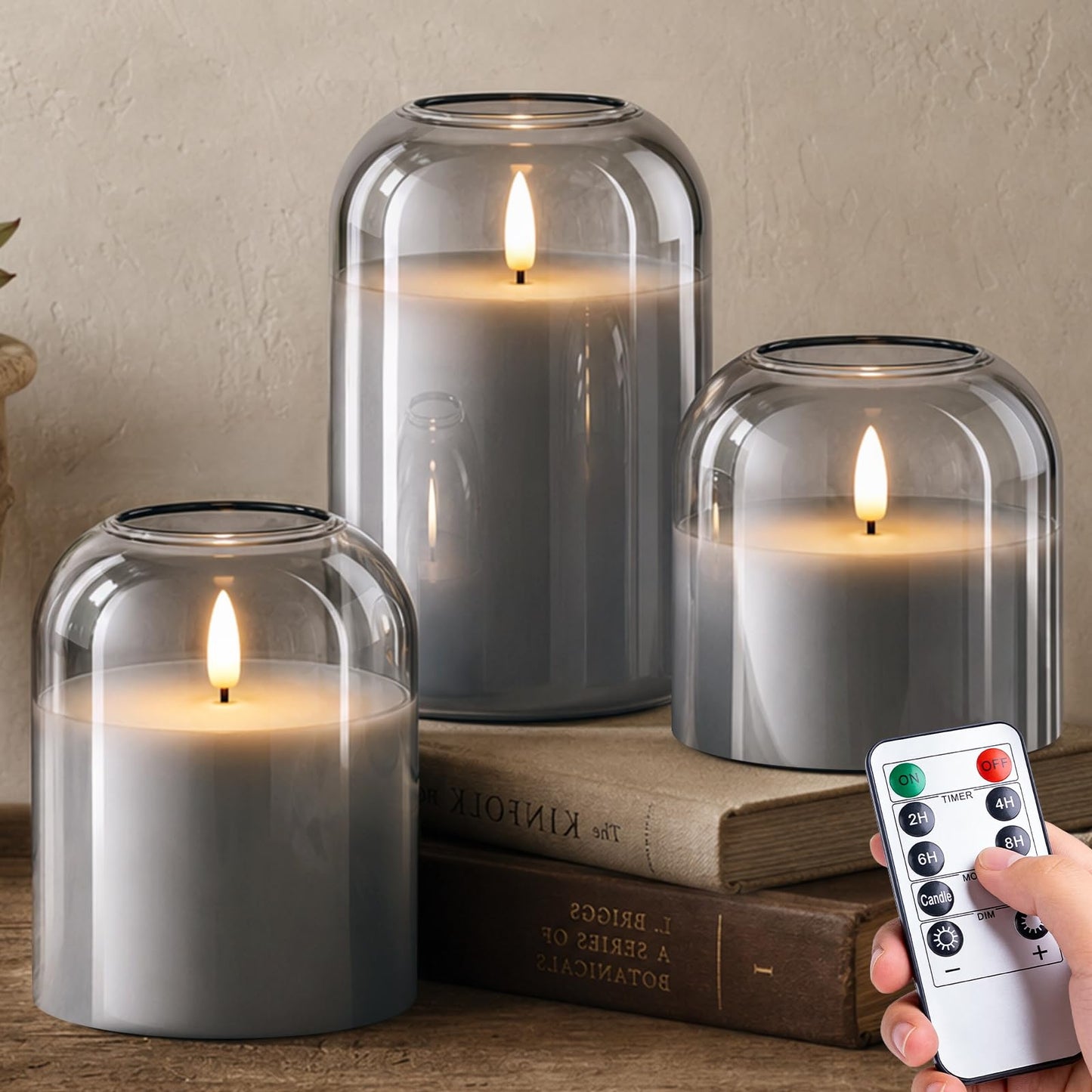 ARIKJ Grey Glass Flameless Candles with Remote and Timer, Realistic Flickering 3D Wick Battery Operated LED Pillar Candles, Modern Moody Gothic Aesthetic Decor for Fireplace Mantel Shelf Table