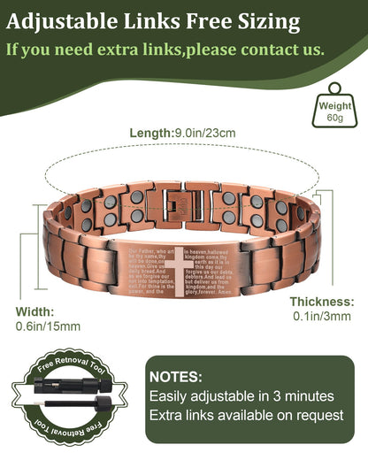 Fashtour Copper Cross Bracelet for Men - Ultra Strength Magnetic Mens Cross Jewelry Set - Adjustable Magnetic Bracelet with Sizing Tool Jewelry Box (Copper587AC)