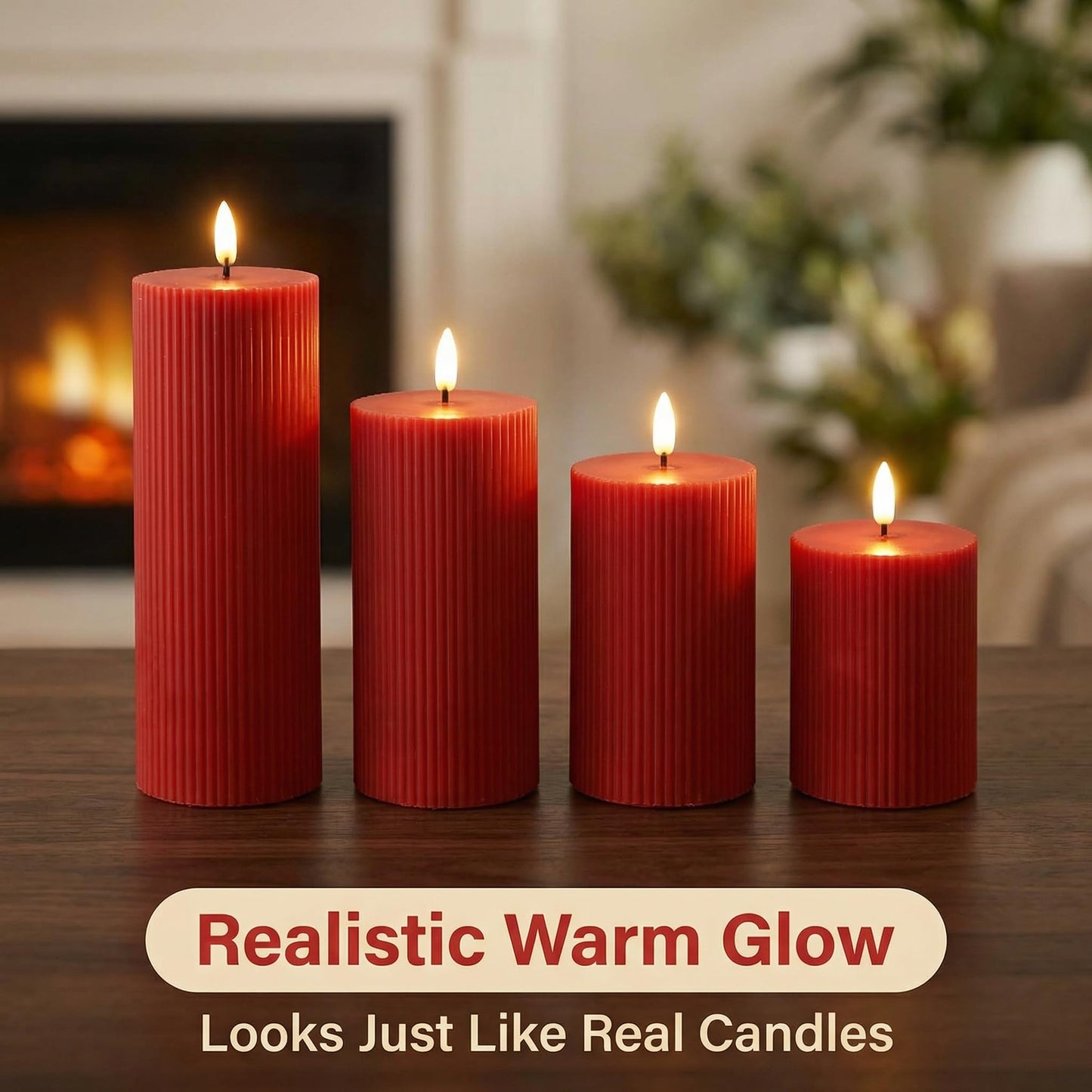 Girimax Red Ribbed Flameless Pillar Candles with Remote, Flat Top Flickering LED Wax Candles Battery Operated Set of 4