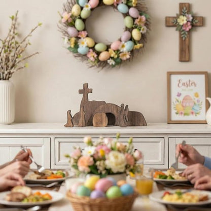 IoF Easter Decorations - Wooden Easter Decoration, He Risen Resurrection Scene Empty Tomb Chirstian Easter Decor for Home Office (Dark Wood Brown)