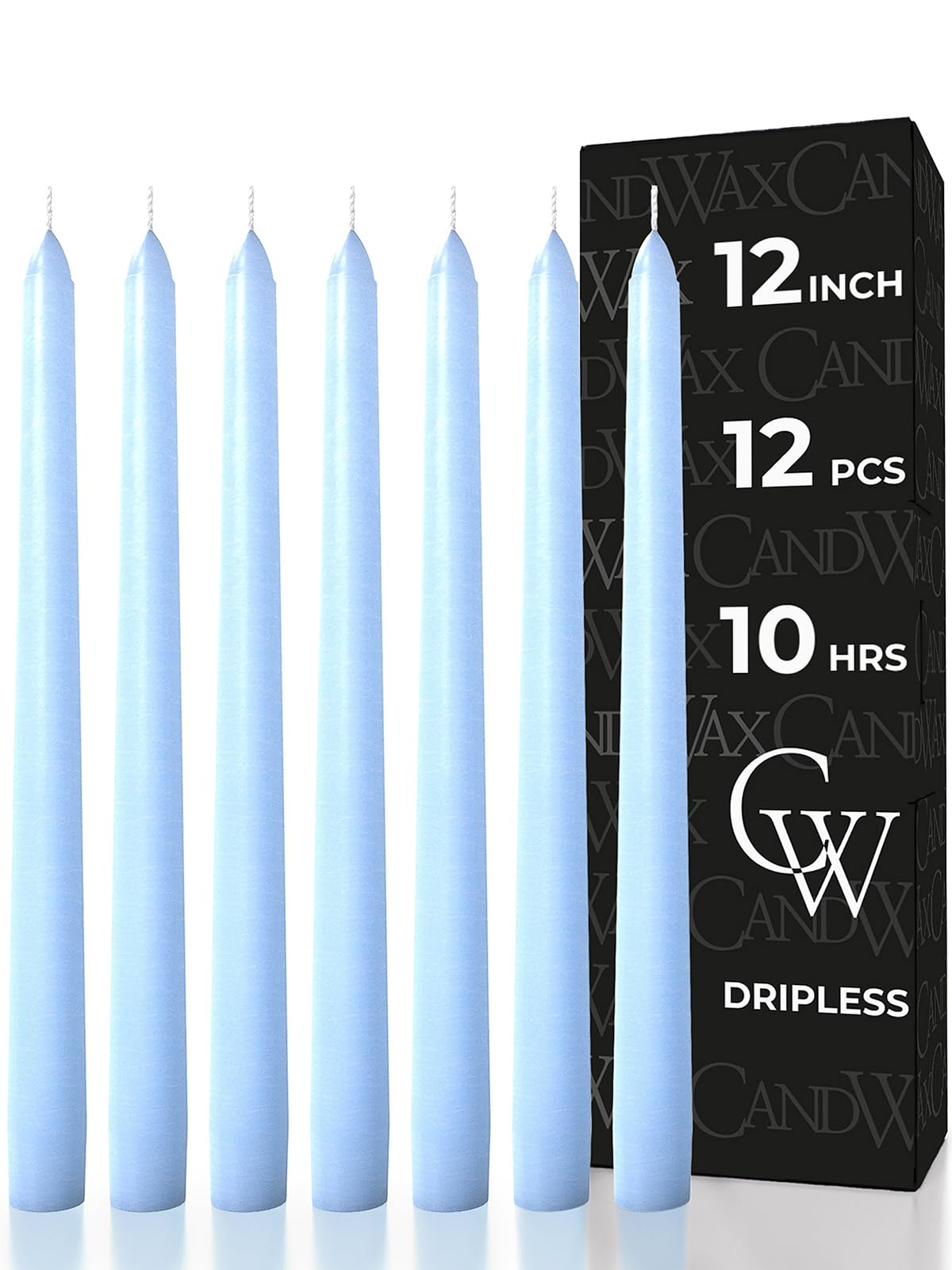 CANDWAX 12 inch Light Blue Taper Candles Set of 12 - Unscented Smokeless Dripless Tall Candle Sticks - Perfect for Special Occasions, Ordinary Dinners and as Easter Candles - Light Blue Candlesticks