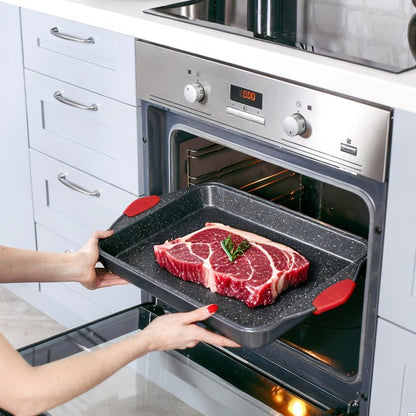 Anveena 3-Piece Nonstick Kitchen Oven Baking Pans - Premium & Stylish Non-Stick Steel, Commercial Grade Restaurant Quality Metal Bakeware with Red Silicone Handles - Easy to Clean black