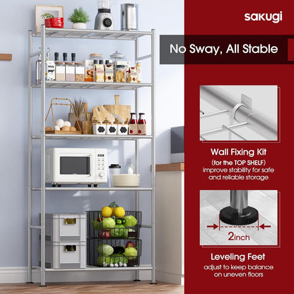 Sakugi Storage Shelves - Heavy Duty 5-Tier Shelf Organizer for Kitchen, Pantry & Garage | 33"W x 12.6"D x 72"H, Silver