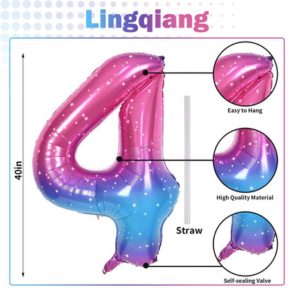 Gradient Rainbow 4 Balloons, 40 Inch Large Blue Pink Purple Foil Number Balloons Set 0-9, Self Inflating Starry Digital 4 Helium Balloon for Girls Women Birthday Anniversary Party Decorations Supplies