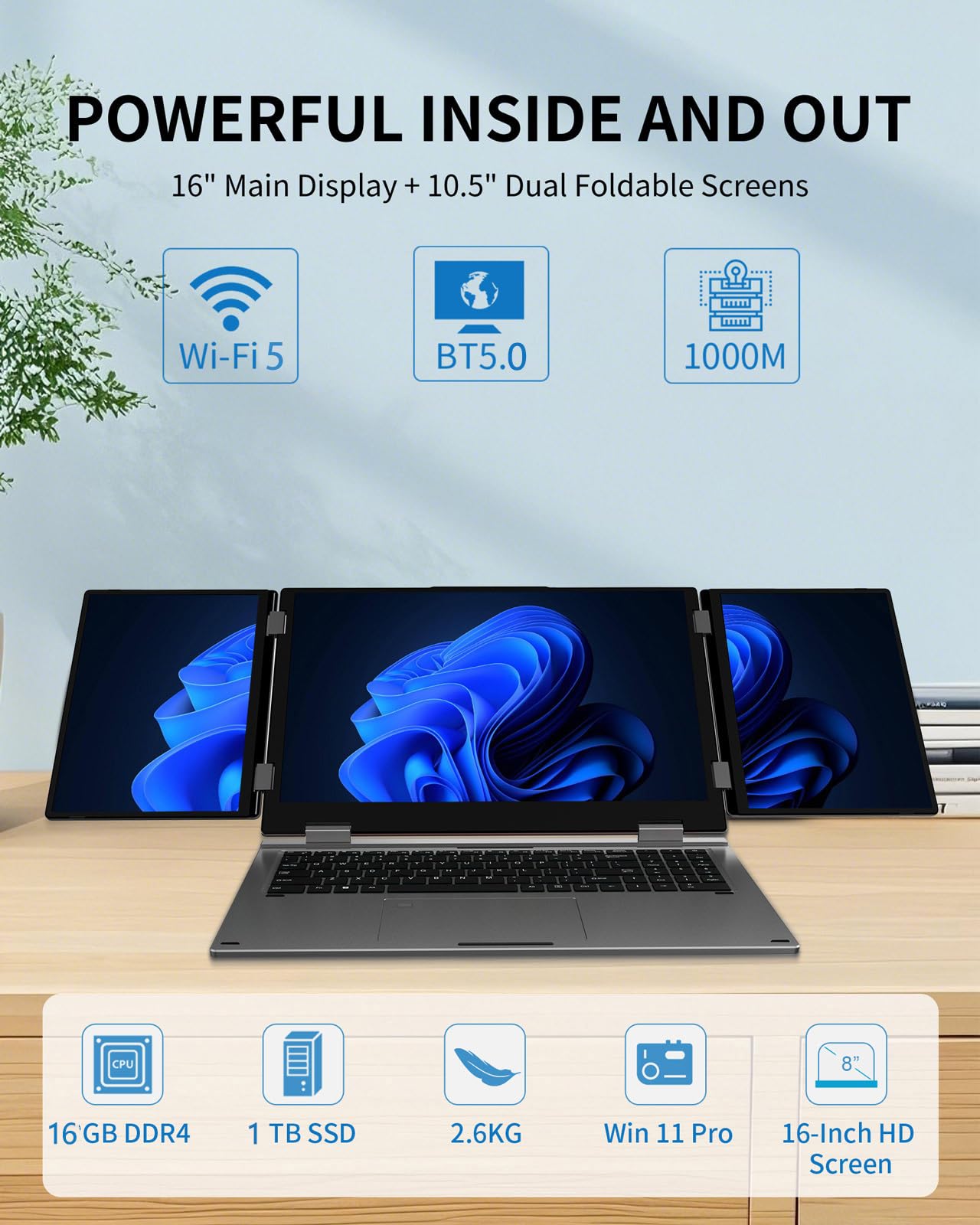 KOOFORWAY Triple Screen Laptop, 16" Main + Dual 10.5" Monitors, Core i7-12700H, 32GB RAM, 2TB SSD, Win 11 Pro, Wi-Fi 5, BT 5.0, Face & Fingerprint Unlock, USB-C, HDMI (16GB RAM + 1TB SSD)