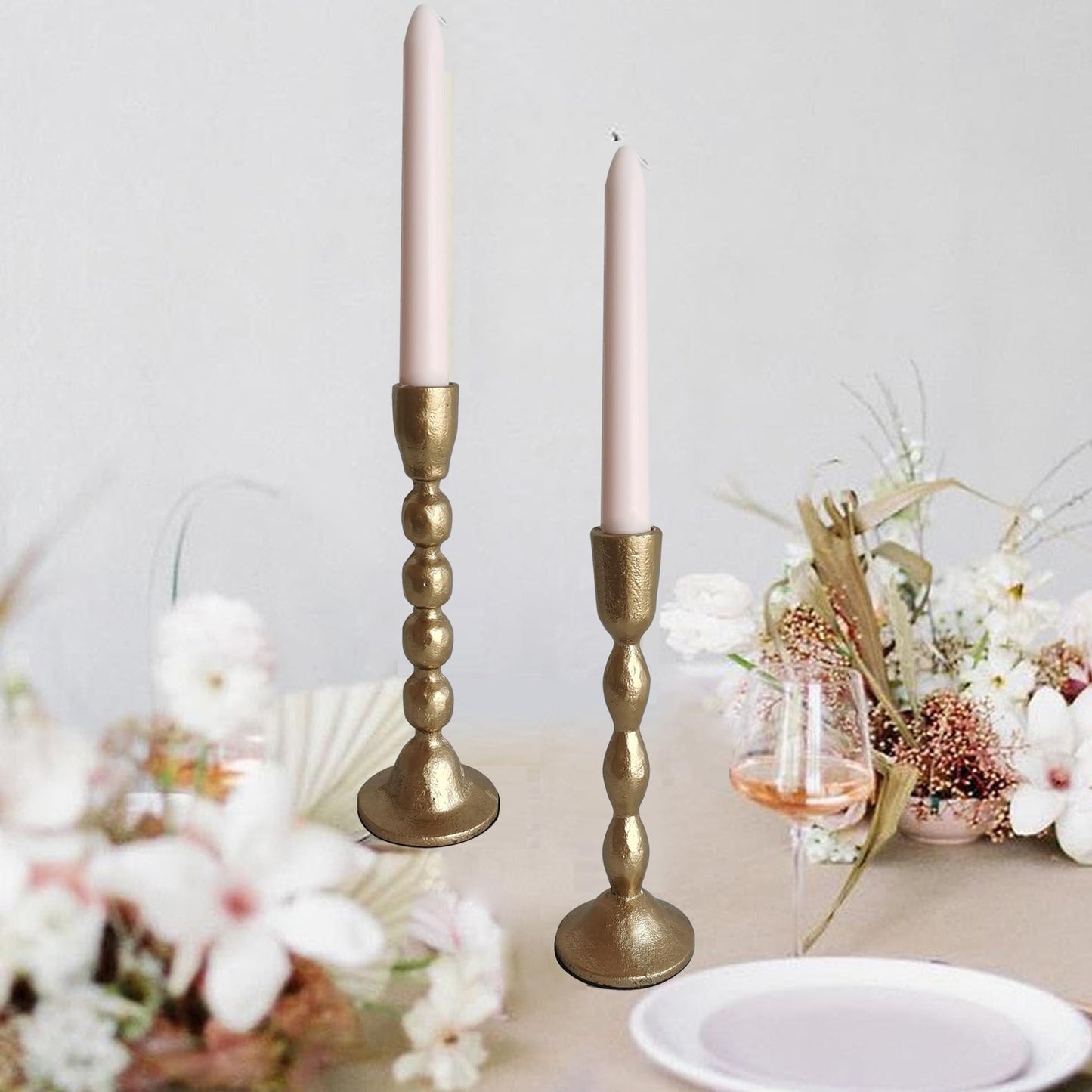 Antique Iron Taper Candle Holders - Set of 2 Decorative Candlesticks, Brass Finish Candle Stand for Weddings, Dining, and Parties