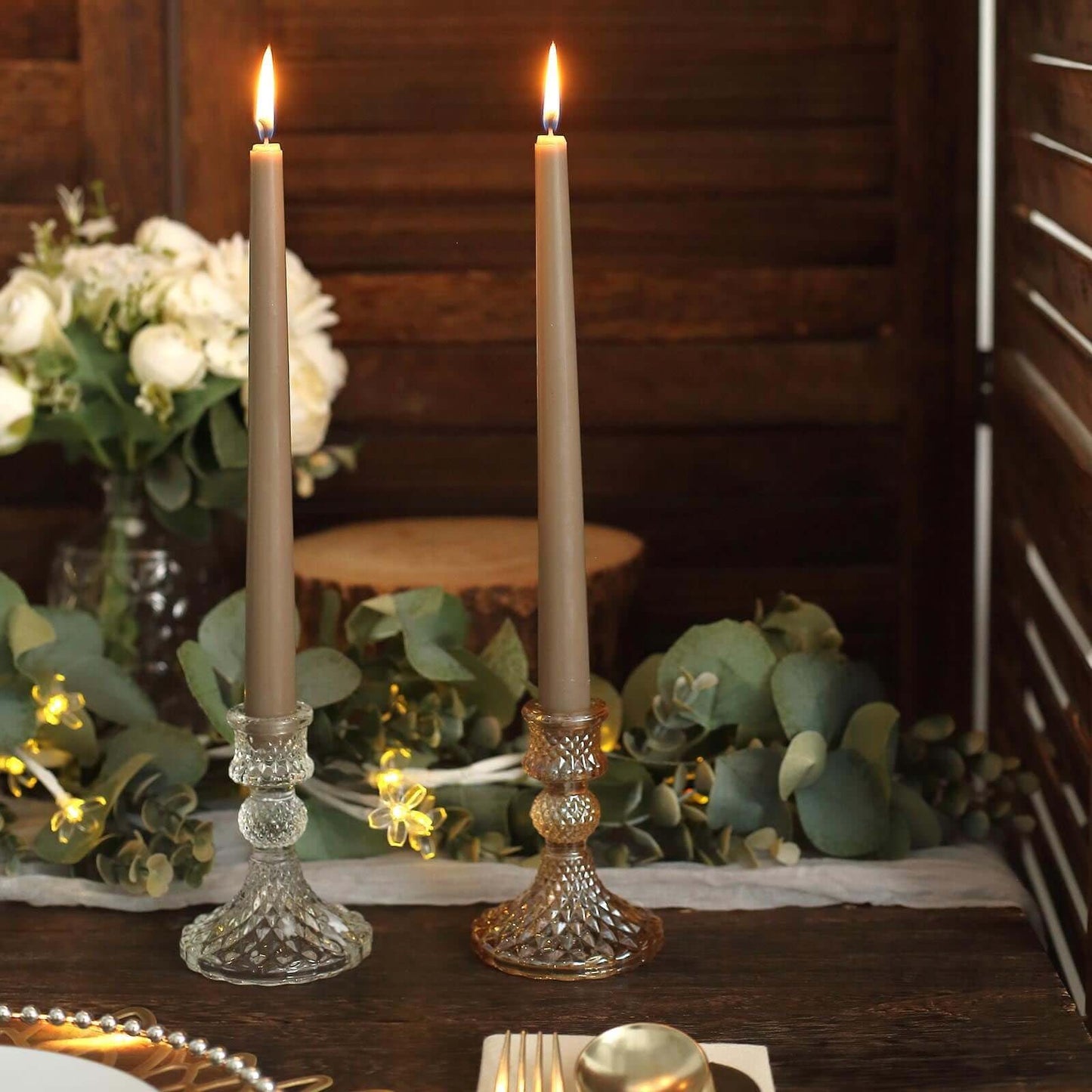 Tableclothsfactory 10" Tall Premium Quality Dripless Unscented Taupe Taper Candles Wedding Dinner Candles for Wedding Decoration Set of 12
