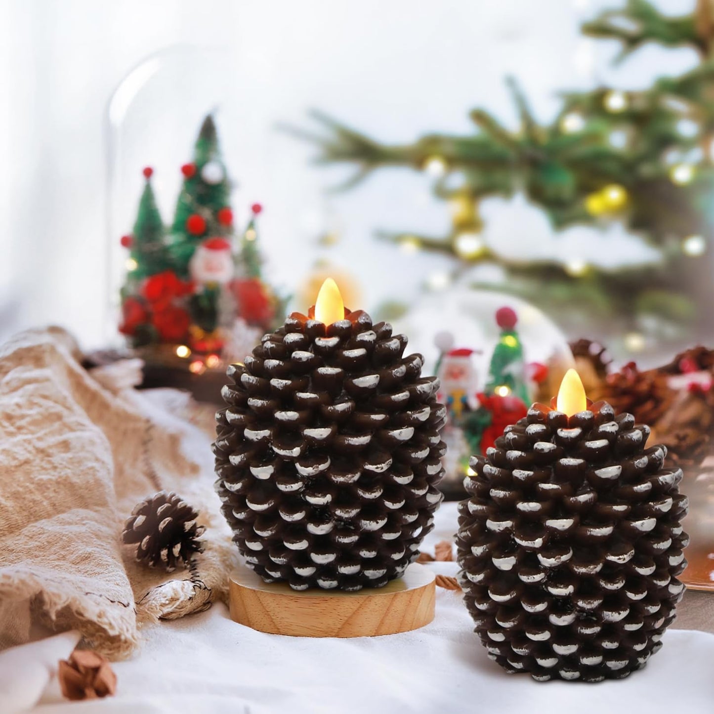 Wondise Flameless Candles with 6H Timer, Battery Operated Flickering Wick Real Wax Pine Cone Candles for Holiday Indoor Decoration, Set of 2, Brown(D3.5 x H4.7 Inch)