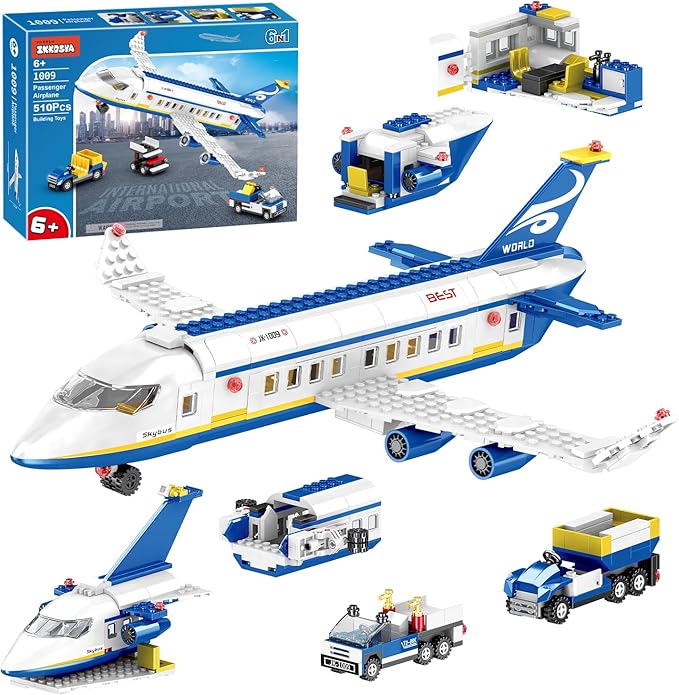 City Passenger Airplane Building Set510 PCS STEM 6 in 1 Airport Passenger Plane Building Block Toy with Baggage Truck Shuttle Bus Christmas Birthday Gifts for Adults Boys Girls Age 6-12+