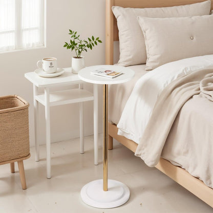 OIKASSU Premium Stone Round Drink Table,Heavy Duty Stone Base Top Pedestal,Cocktail Accent End Table for Living Room,Waterproof, Weighted Base Small Accent Side Table for Small Space Office,White