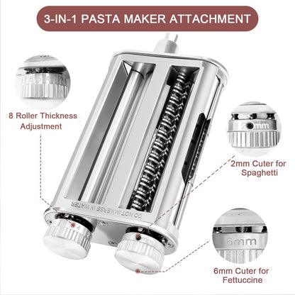Pasta Maker Attachment for KitchenAid Stand Mixers, 3-in-1 Stainless Steel Pasta Roller & Cutter Set with Spaghetti and Fettuccine Blades, Includes 1 Metal Knob Screw Replacement