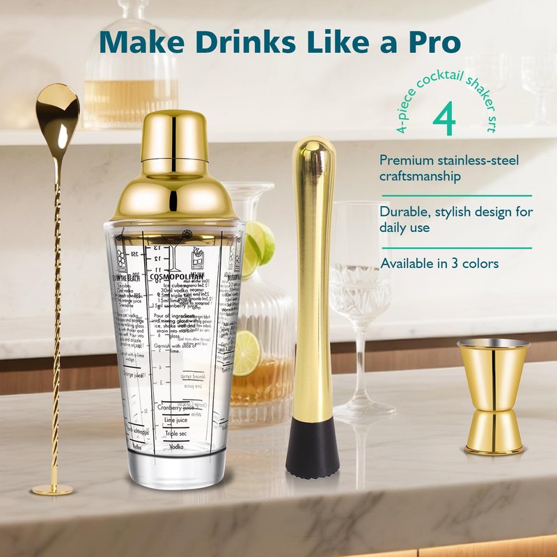SAVORLIVING 14oz Glass Cocktail Shaker Set, 4PCS Bartender Kit, Martini Mixer Shaker with Built-in Strainer, Mixing Spoon, Measuring Jigger & Muddler, Bar Tool Set for Beginners Use (Gold)