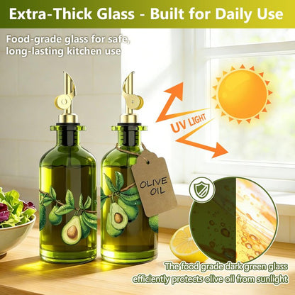 EJGIEGSO Olive Oil Dispenser Bottle for Kitchen, 12oz/350ml Extra Thick Glass Oil and Vinegar Cruet with Stainless Steel Pourer, Funnel & Cleaning Brush, Premium Oil Dispenser Set (Avocado)