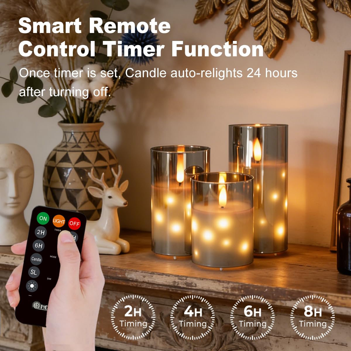 LEDHOLYT Rechargeable Glass LED Flameless Candles, Embedded Star String Flickering Flameless Candles for Romantic Ambiance and Home Decoration with Remote & Timer(Gray)