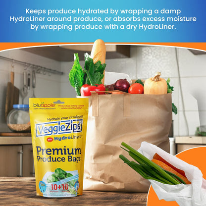 Bluapple VeggieZips Premium Produce Storage System - 40 Piece Set, 20 Food Saver Bags + 20 HydroLiners, Keep Produce Fresh Longer, Washable & Reusable Bags with Humidity Control for Fruit & Vegetables
