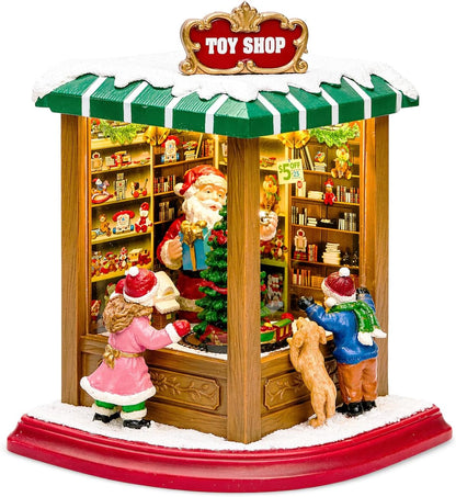 Moments In Time Lighted Santa’s Christmas Village Shop - LED Lights, Music & Animation - 8.8” Holiday Decoration