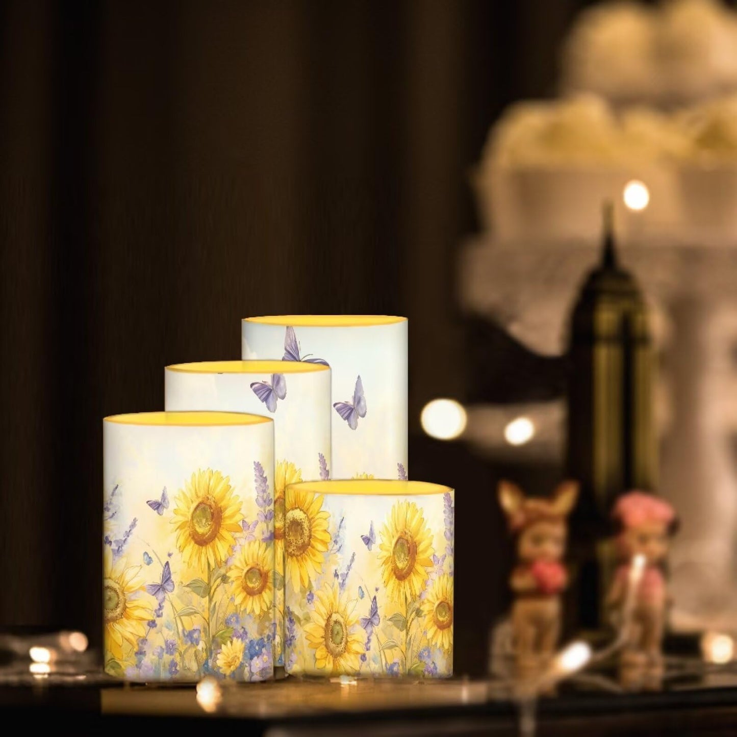 Cozeyat Sunflower Butterfly Flameless Candles 4 Pack Battery Operated LED Pillar Candles with Remote Timer Flickering Waterproof for Garden Beach Wedding Birthday