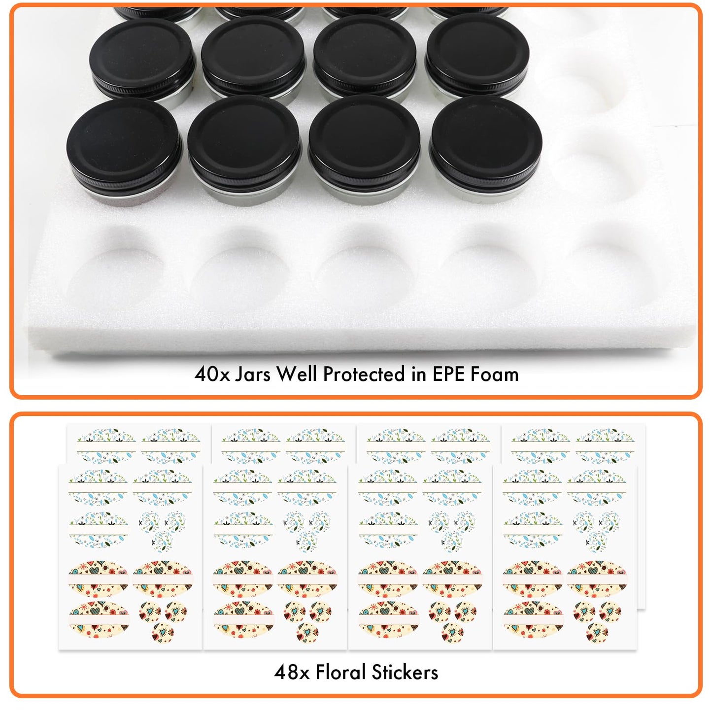 Jaisie.W 4 oz Mini Glass Jars 40Pack - Small Mason Jars with Lids & Stickers for Food Storage, Candle Making, Pantry Organizers - Black Lids