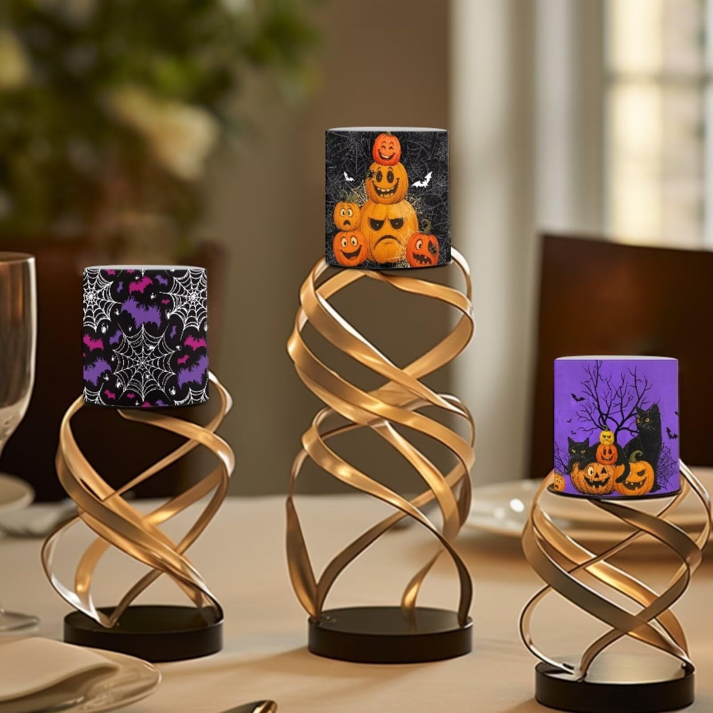 Merkmak Halloween Outdoor Flameless Candles with Remote Battery Operated LED Pillar Candles with Timers Tea Lights for Party Home Living Room Decor, Spider Web Bat Pumpkin Print