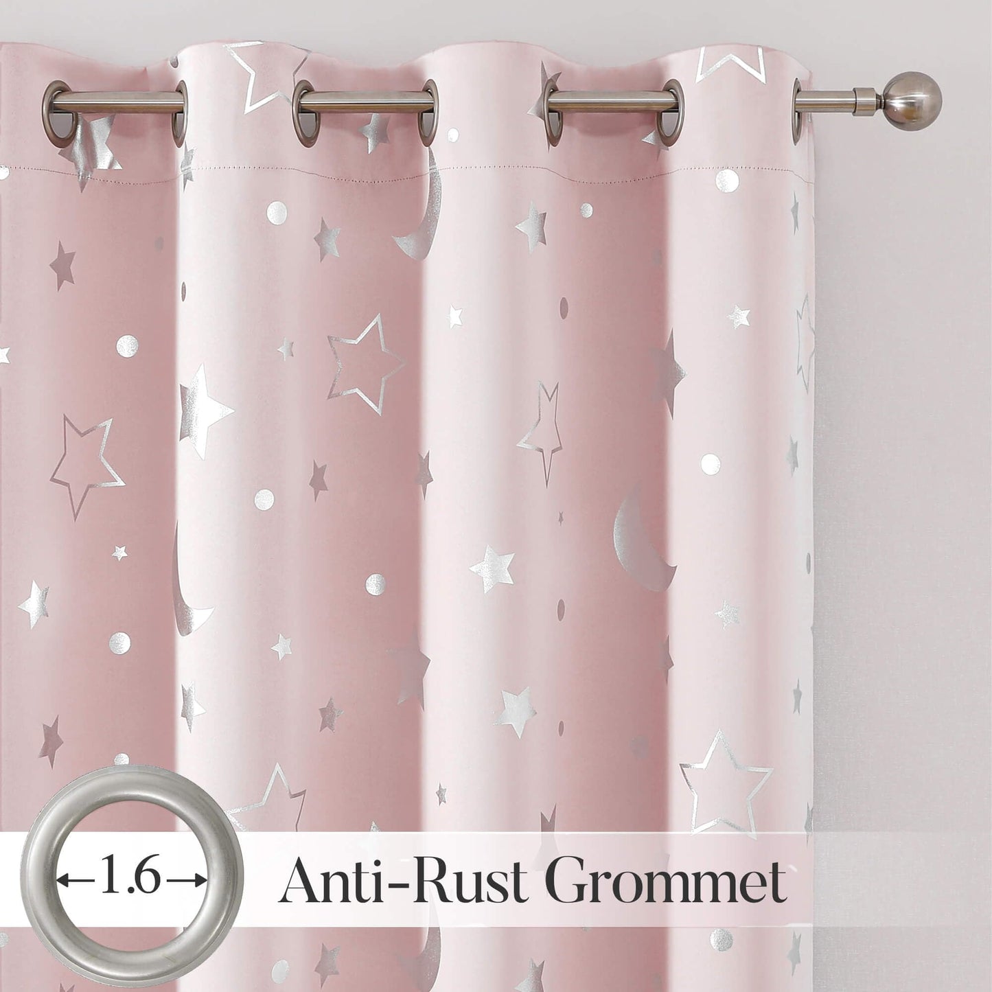 WUBODTI Pink Curtains for Girls Room Star Blackout Kids Bedroom Curtains 84 Inches Long, Cute Silver Star and Moon Patterned Space Theme Thermal Insulated Nursery Drapes, 2 Panel Sets